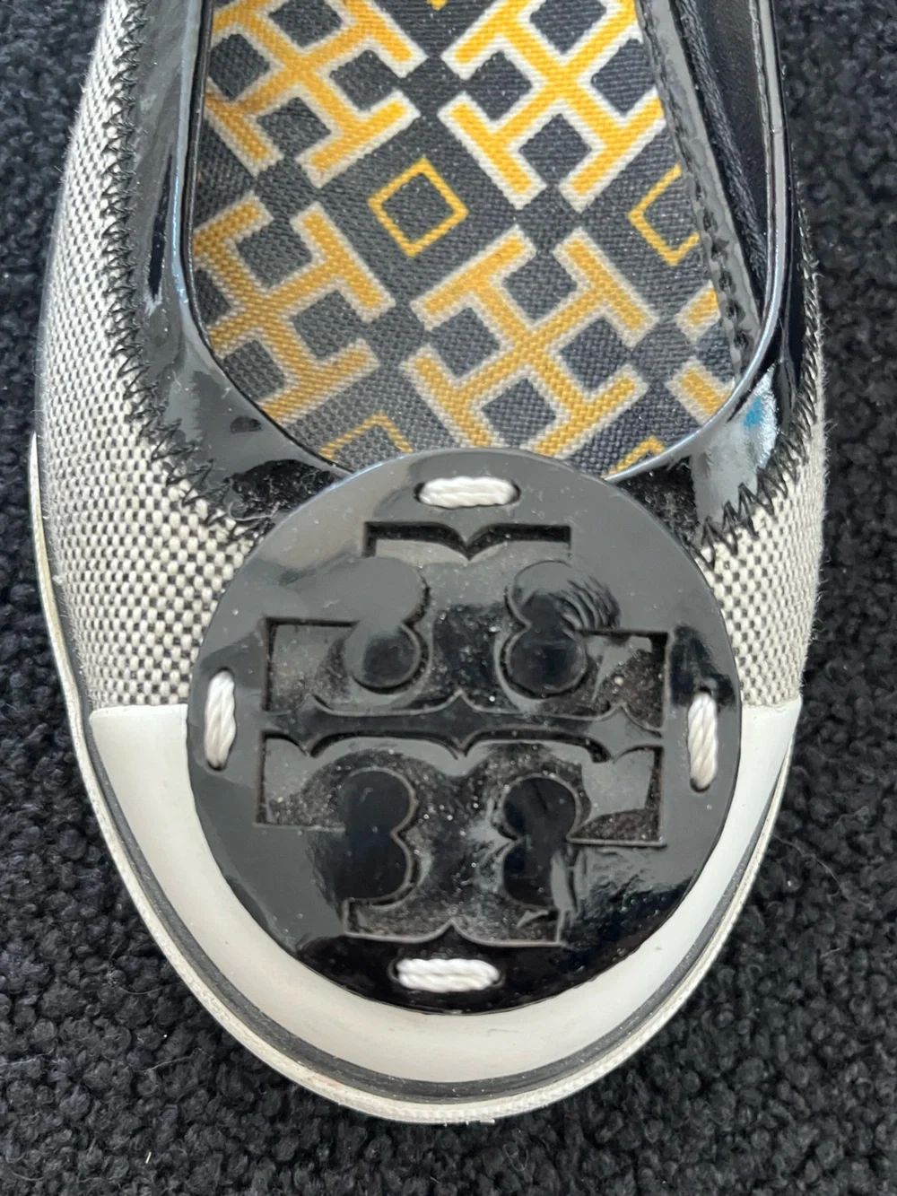 Tory Burch Metallic Logo Round-Toe Flats with Yellow-Gray Insole